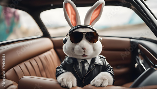 Cool easter bunny in car with colorfull easter eggs. © STOCKIFY