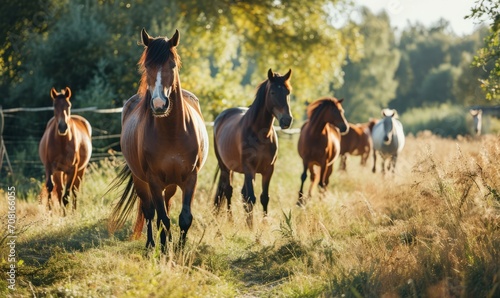 Horses walking calmly through a green meadow with trees.