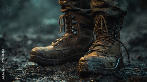 A realistic image of a sturdy, heavy-duty pair of boots, representing the readiness of civil defence personnel, on a dark earth background