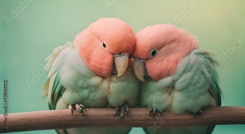 Two peach-faced lovebirds cuddling together on a perch, their affection for each other evident in their close proximity. photo