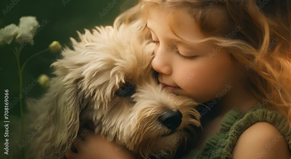 A young girl with curly hair tenderly embraces a fluffy dog among soft white flowers, a moment of pure connection. A young girl with curly hair tenderly embraces a fluffy dog among soft white flowers, a moment of pure connection.
