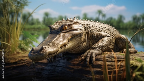 Serene crocodile basking on the riverbank  scales reflecting the shimmering water -Generative Ai 