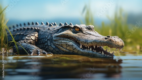 Serene crocodile basking on the riverbank, scales reflecting the shimmering water -Generative Ai 