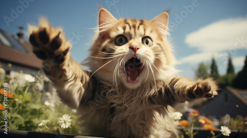 cat with open mouth jumping