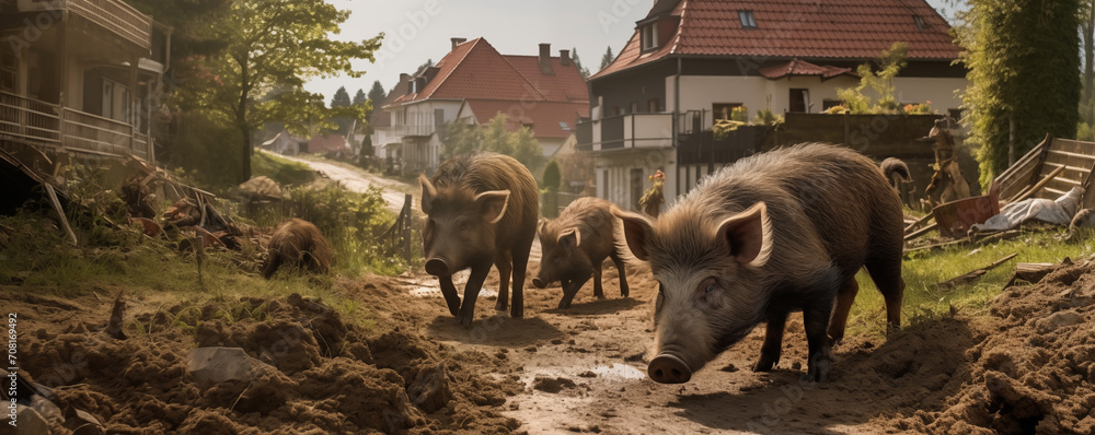 Wildschweine verwüsten in einer Stadt die Grünflächen, Wildschweine im Vorgarten - obrazy, fototapety, plakaty 