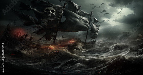 Piratenflagge gefährlicher Totenkopf, Freibeuter der Meere, Jolly Rogers auf einer Fahne © GreenOptix