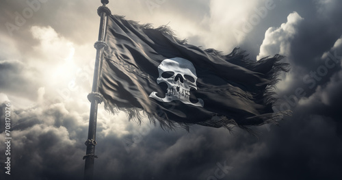 Piratenflagge gefährlicher Totenkopf, Freibeuter der Meere, Jolly Rogers auf einer Fahne photo