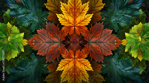A pattern of colorful autumn leaves is shown  in the style of symmetry and balance
