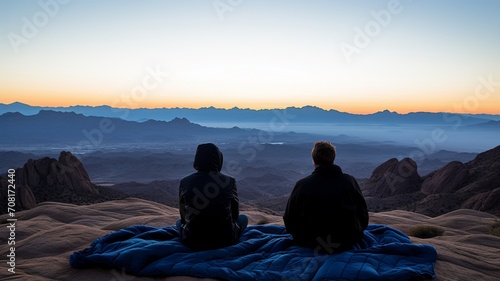 Silhouettes of a couple watching the sunrise from a hilltop, wrapped in blankets on a chilly morning -Generative Ai