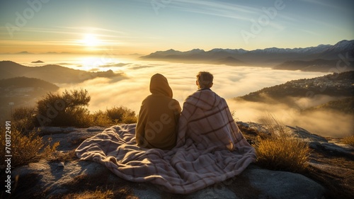 Silhouettes of a couple watching the sunrise from a hilltop  wrapped in blankets on a chilly morning -Generative Ai
