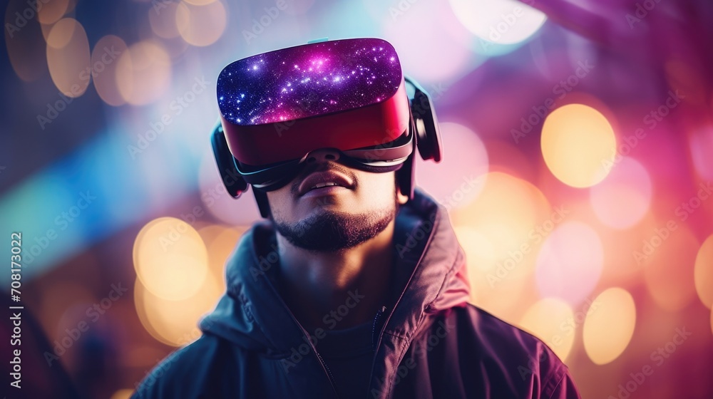 Closeup of a VR headset sped onto someones face, completely immersed in a threedimensional landscape. Closeup of a VR headset sped onto someones face, completely immersed in a threedimensional landscape.