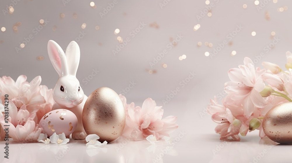 Gold and pink Easter egg bunny decorations with spring flowers, Easter background concept