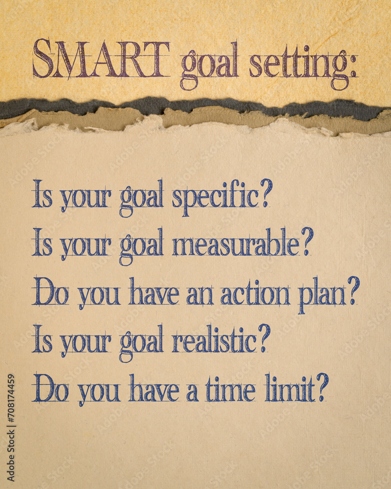 tips and questions on SMART goal setting - writing on art paper, vertical poster