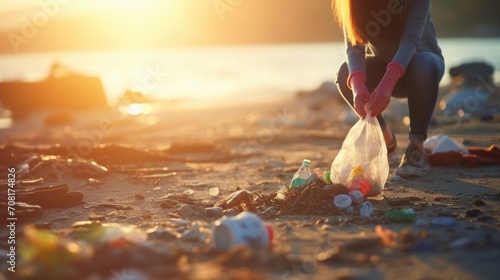 Closeup of a teen cleaning up litter from a beach