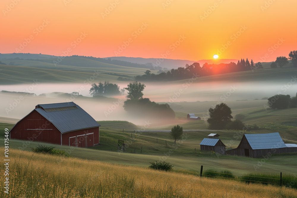 A picturesque sunrise over a rural landscape with rolling hills, barns, and fog, evoking a sense of tranquility and simplicity