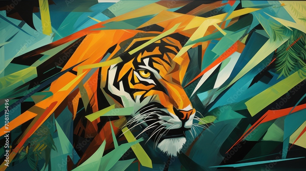 Bold shapes, fragmented forms, abstract patterns, multiple perspectives, jungle creatures, vibrant hues, intersecting lines Ai Generative