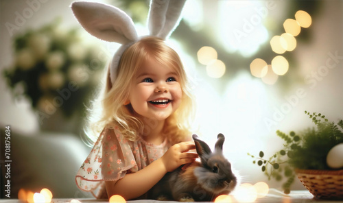 Fröhliches Kind spielt mit Hase zu Ostern photo