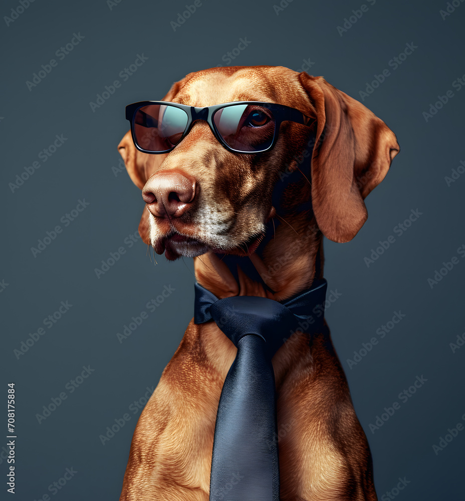 portrait of a cool dachshund wearing a suit  and sunglasses
