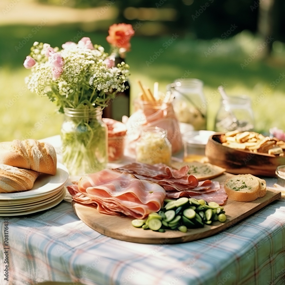 Picnic in nature at the dining table full of dishes with food and light snacks, summer decor against the backdrop of green grass. Concept: outdoor recreation, delicious food
Picnic in nature at the dining table full of dishes with food and light snacks, summer decor against the backdrop of green grass. Concept: outdoor recreation, delicious food