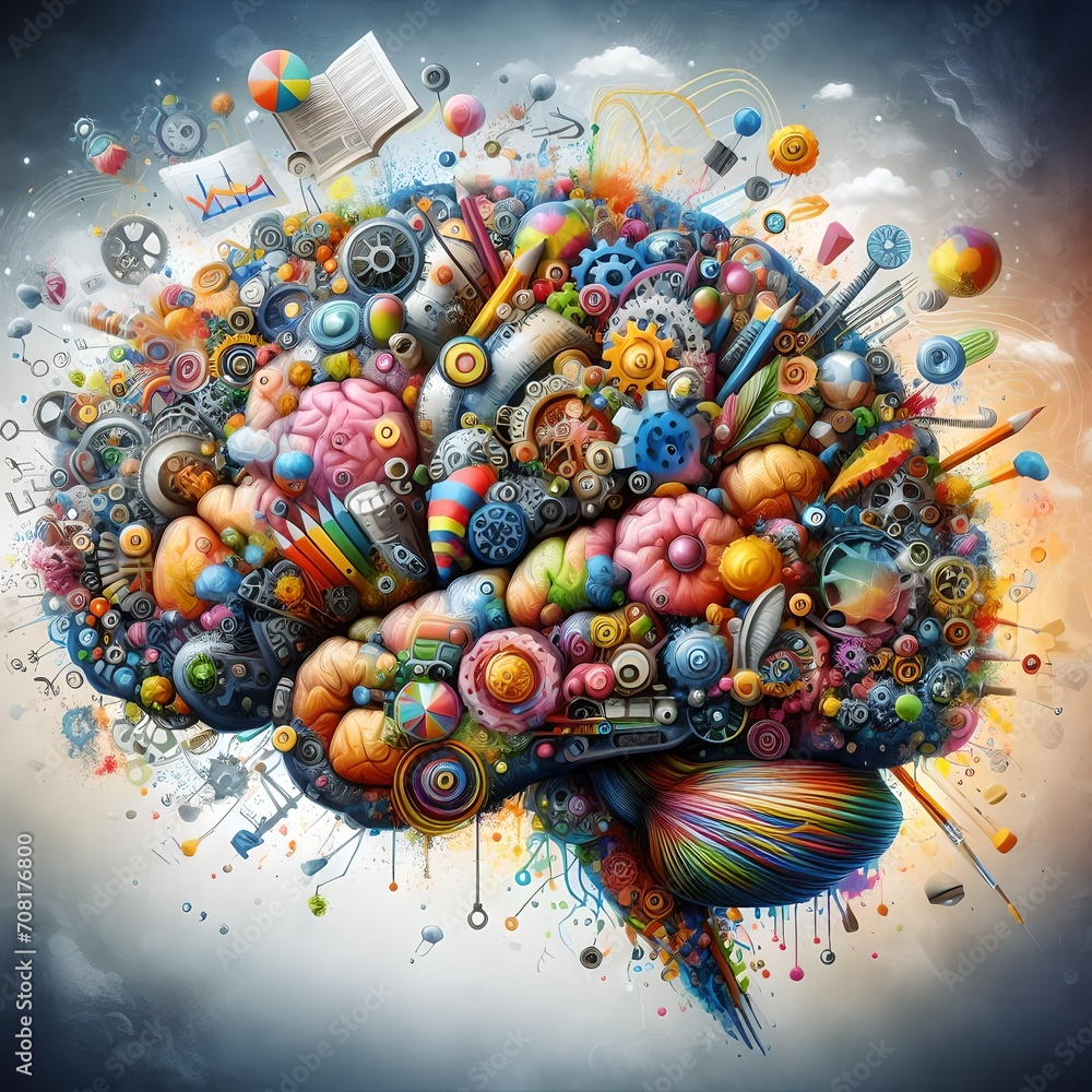 Human brain concept full of creativity, showing lots of colors and actions. Generative AI