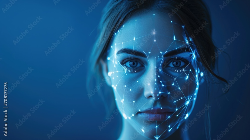A woman's face glows under blue light, overlaid with glowing white biometric pattern lines, symbolizing futuristic facial recognition technology - obrazy, fototapety, plakaty 