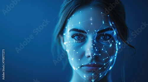 A woman's face glows under blue light, overlaid with glowing white biometric pattern lines, symbolizing futuristic facial recognition technology