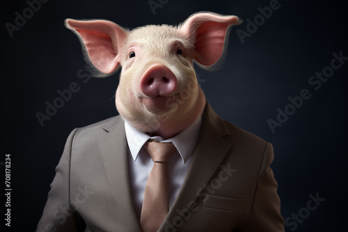 Portrait of a pig in a business suit on a dark background. Anthropomorphic animals concept.