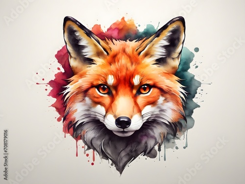 Colorful fox on white background. Front view, only head