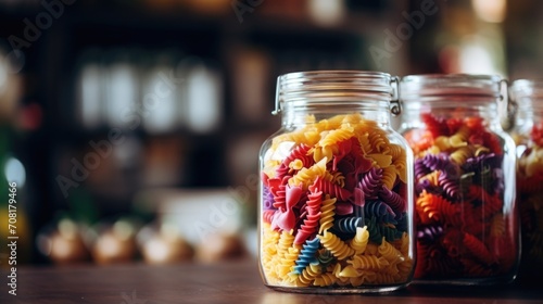 Closeup of a mason jar filled with colorful dried pasta for use in place of plastic packaging.