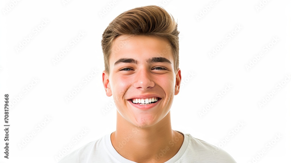 Handsome blonde scandinavian man smiling with clean teeth   closeup portrait for dental ad