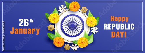 Greeting banner for Republic Day of India with flowers and Ashoka chakra wheel (spinning wheel). Vector illustration.