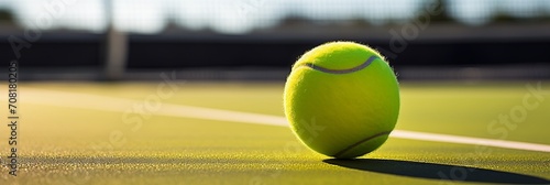 Tennis ball close up on court with vibrant markings and texture   banner with empty space for text © Ilja