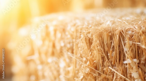 Macro photograph of a straw bale used as insulation in a sustainable building. photo