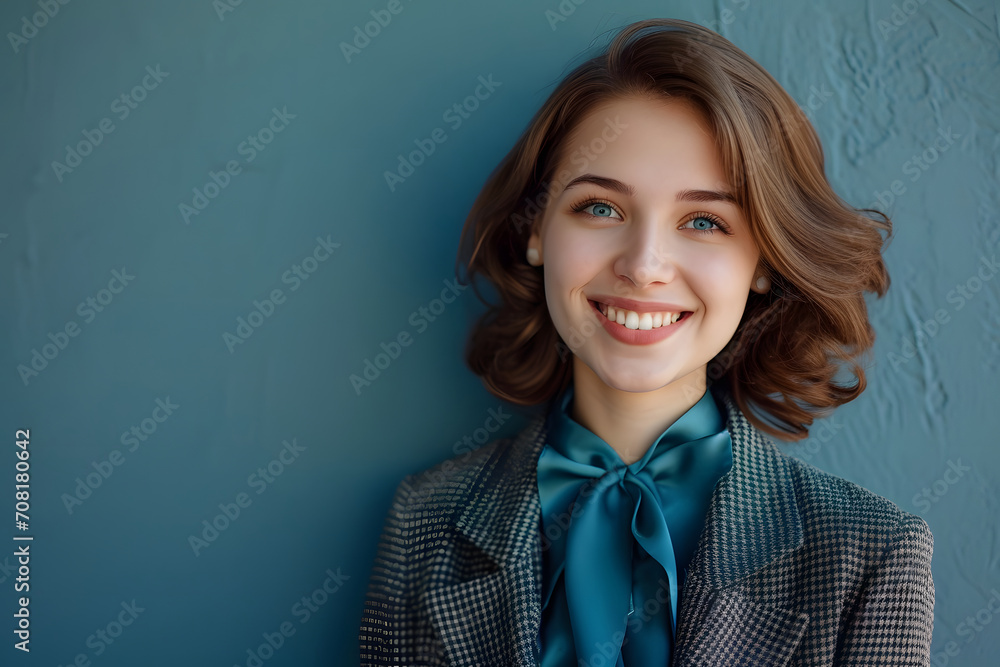 young smiling woman in blue blouse and tweed jacket looking to the camera young smiling woman in blue blouse and tweed jacket looking to the camera