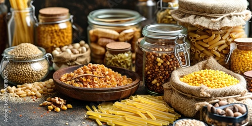 A set of raw cereals, pasta and canned food on the table