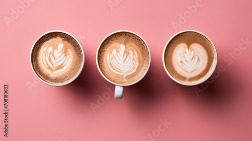 three glasses of coffees in a pink background