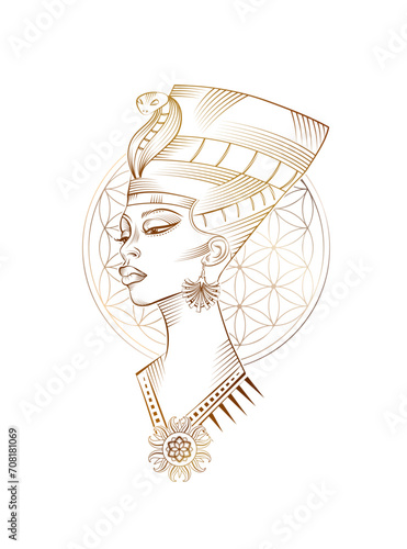 Head of Nefertiti against the background of the flower of life, sacred geometry. Vector monochrome tattoo - an ancient Egyptian magical symbol of Luck and Love.