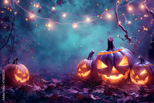scary halloween purple background with lit pumpkins and string lights 