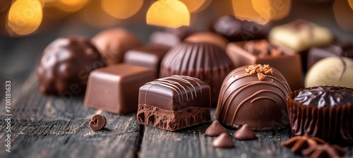 Assorted chocolates on blurred bokeh background, delicious sweet candy treats with ample text space