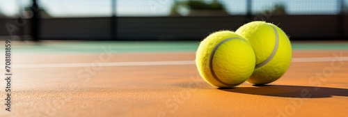 Close up of vibrant tennis ball with detailed texture on court   banner with empty space for text © Ilja