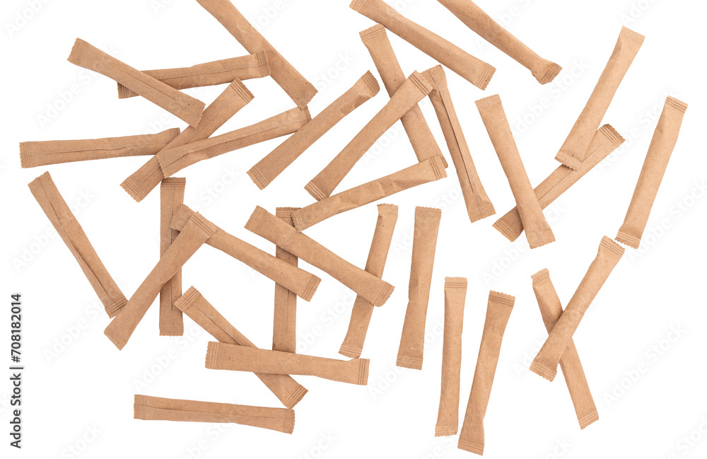 heap of sugar sticks, sugar in paper kraft packaging, mock up for design isolated heap of sugar sticks, sugar in paper kraft packaging, mock up for design isolated