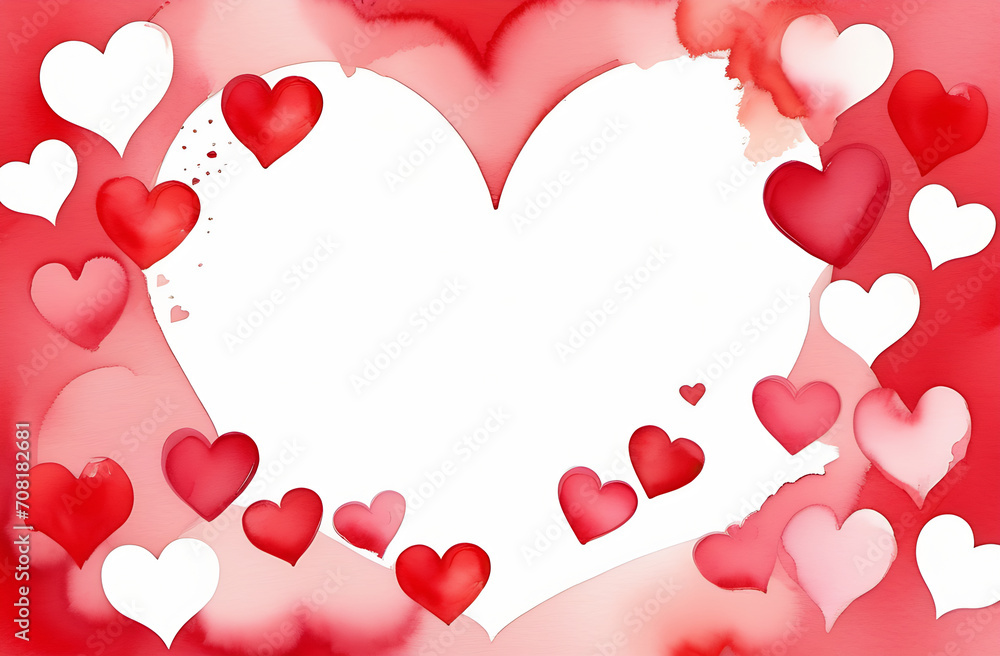 Fototapeta premium Red hearts, postcard, background, for Valentine's day, valentine's day, place for text, among the hearts painted in watercolor