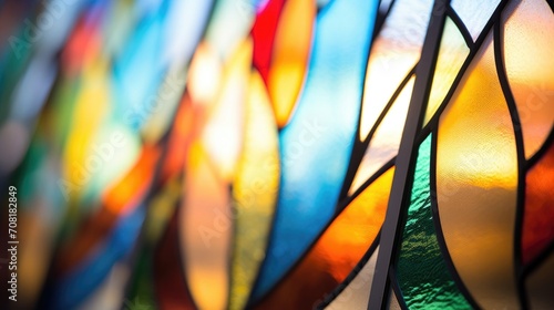 Closeup of a traditional stainedglass window, a beautiful and colorful feature in a modern building. photo