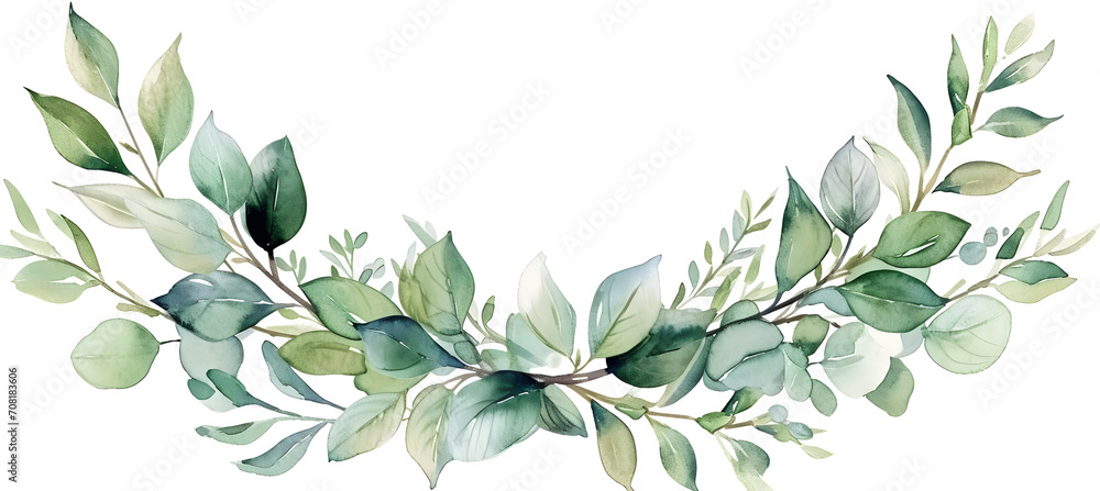a watercolor wreath decorated with green leaves	

