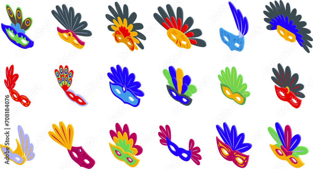 Face mask feathers icons set isometric vector. Carnival show festival. Costume ornament Face mask feathers icons set isometric vector. Carnival show festival. Costume ornament