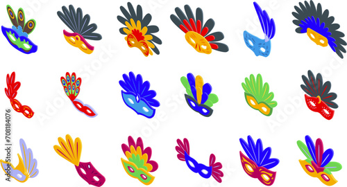 Face mask feathers icons set isometric vector. Carnival show festival. Costume ornament