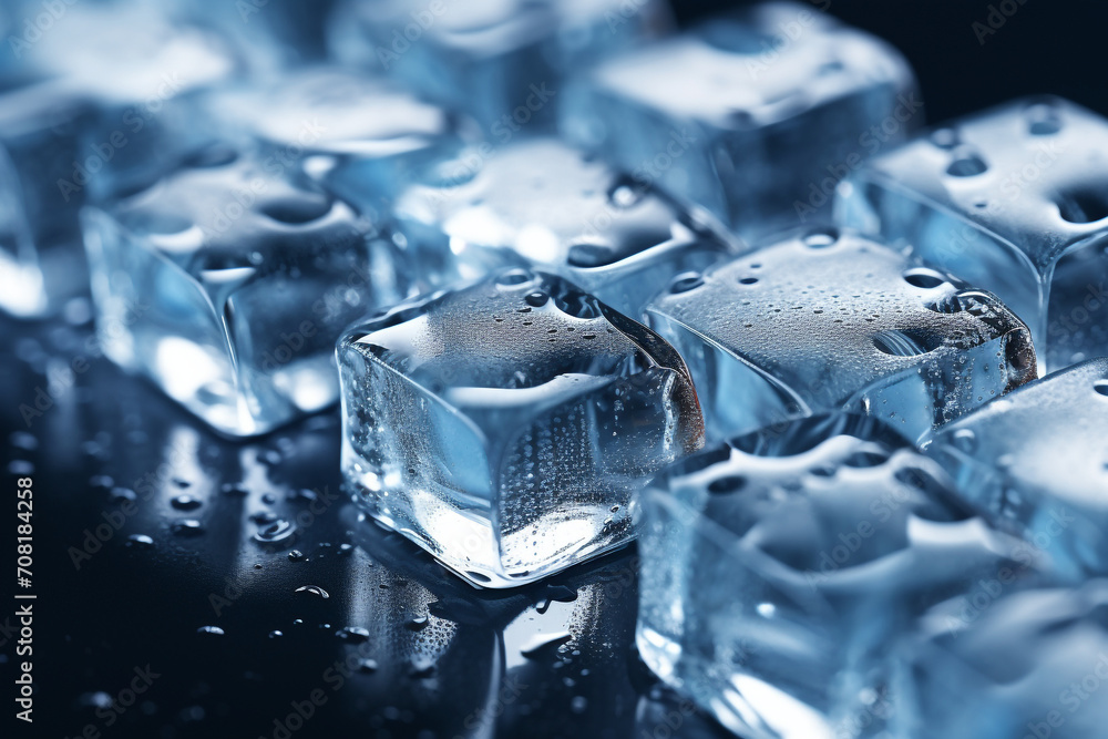 Melting ice cubes are in a row with drops around, close up Melting ice cubes are in a row with drops around, close up