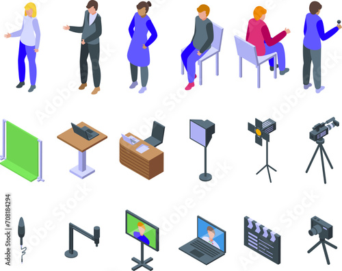 Blogger interview icons set isometric vector. Live streaming. Male female social