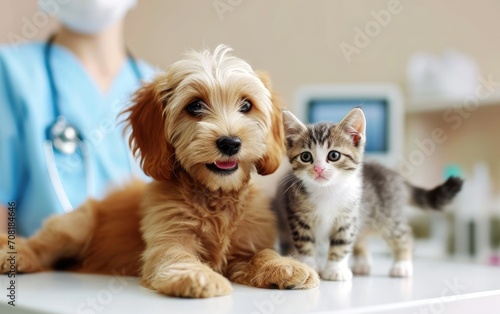 Puppy and kitten at the veterinarian. Veterinary examination of dogs and cats. Animal clinic © piai