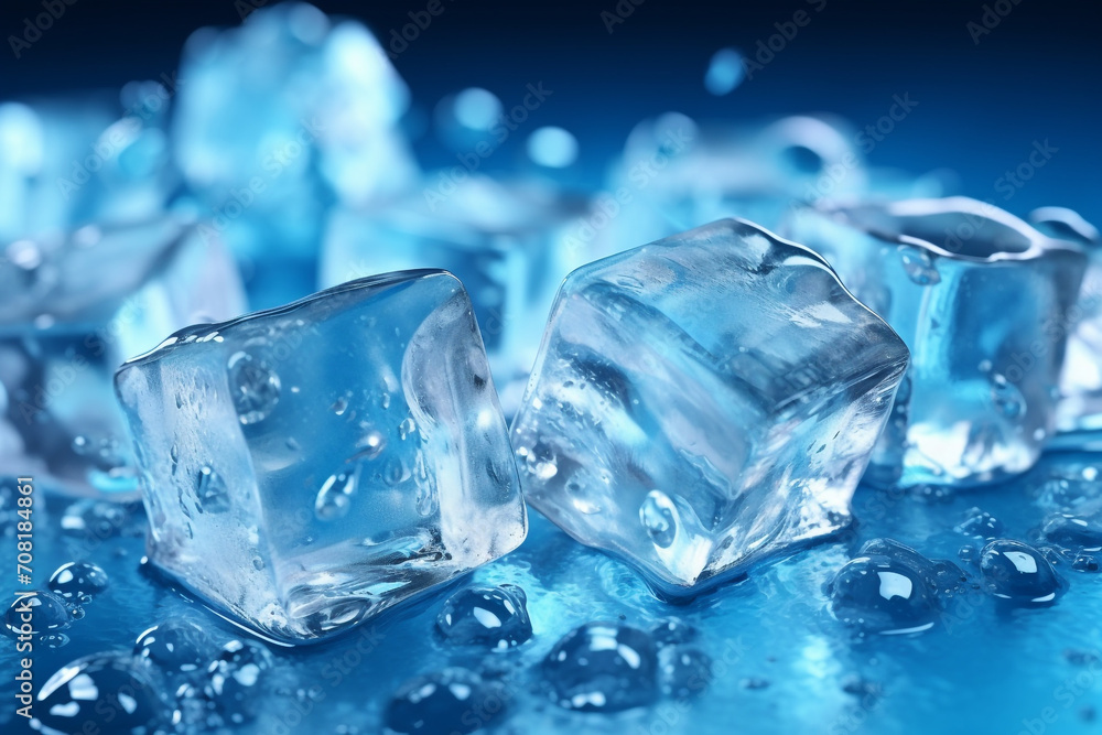 Melting ice cubes are in a row with drops around, close up Melting ice cubes are in a row with drops around, close up